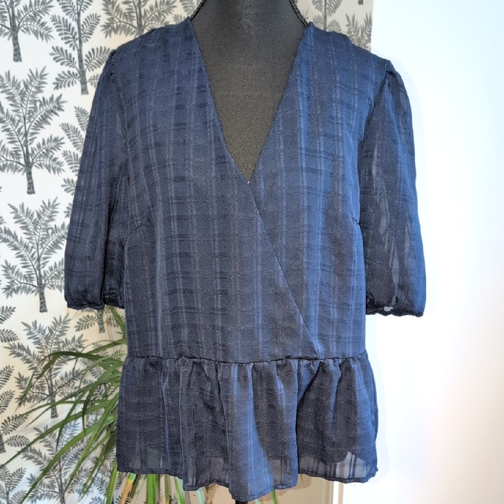 Ophelia Roe Navy Wrap-Front Peplum Blouse